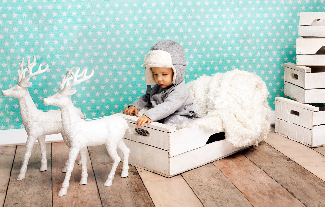 Photo wallpaper hat, new year, child, boy, baby, deer, sitting