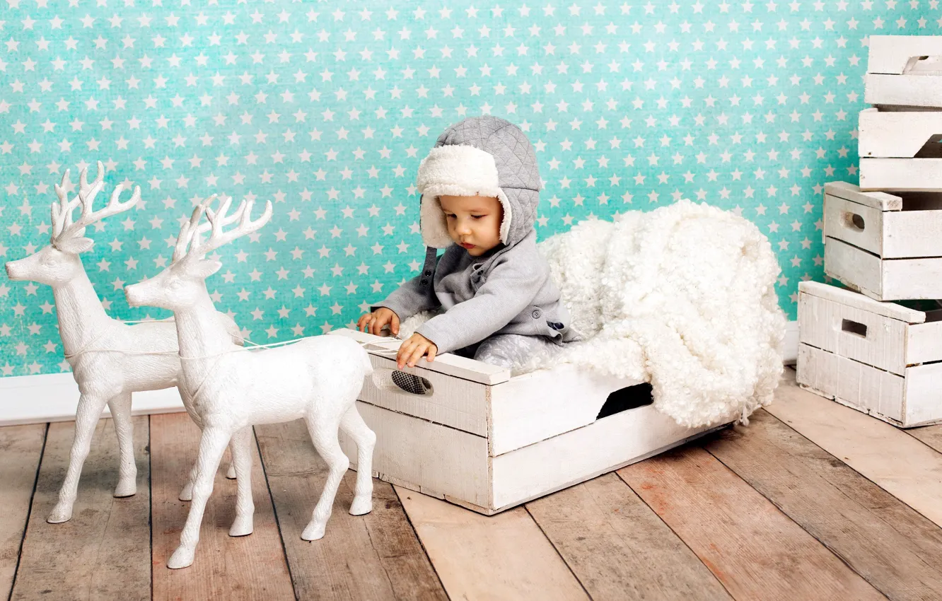 Photo wallpaper children, hat, new year, boy, deer, baby, sitting