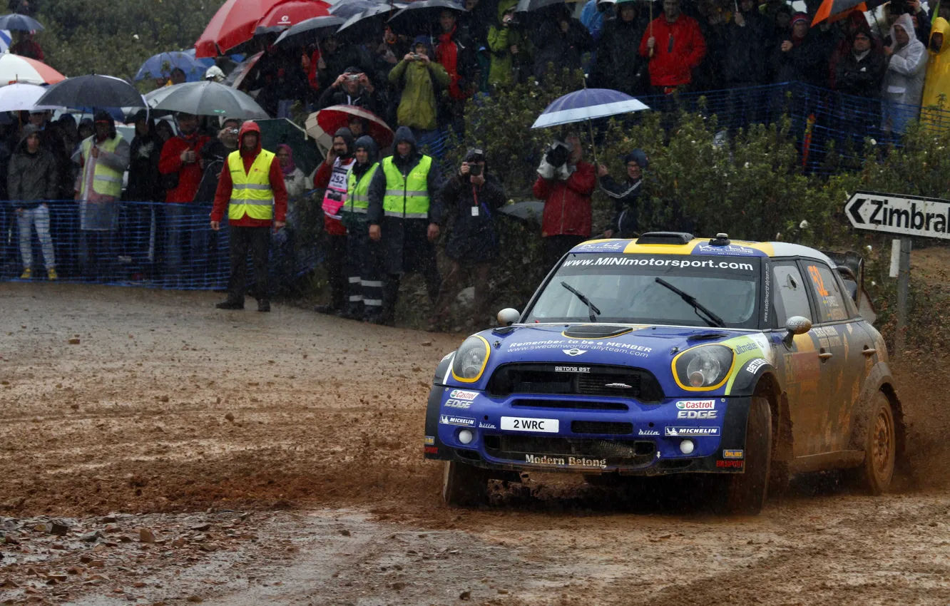 Photo wallpaper blue, rain, sport, people, Mini, dirt, Mini Cooper, Rally