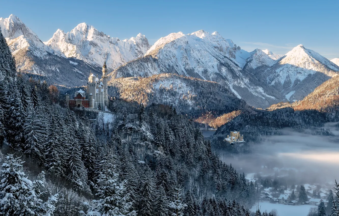 Photo wallpaper winter, forest, trees, mountains, castle, Germany, Bayern, Germany