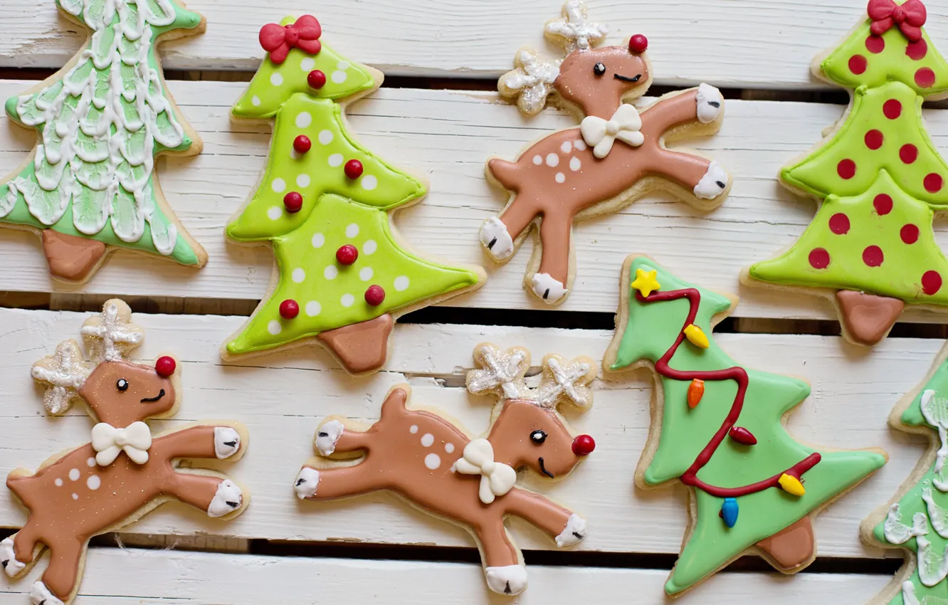 Photo wallpaper holiday, Board, cookies, Christmas, New year, deer, figures, a lot