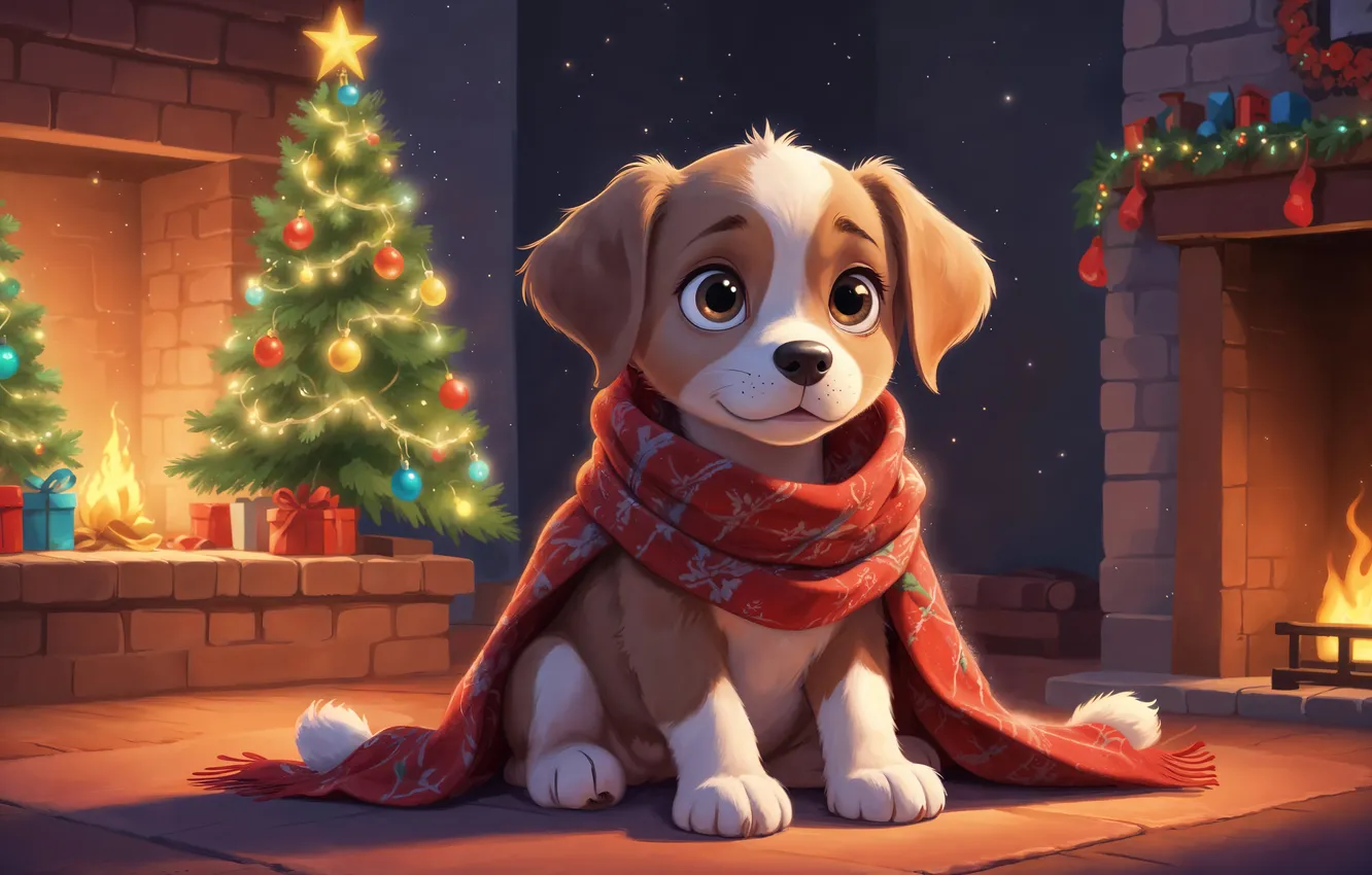 Photo wallpaper Dog, Christmas, Puppy, New year, Tree, Fireplace, Toys, Digital art
