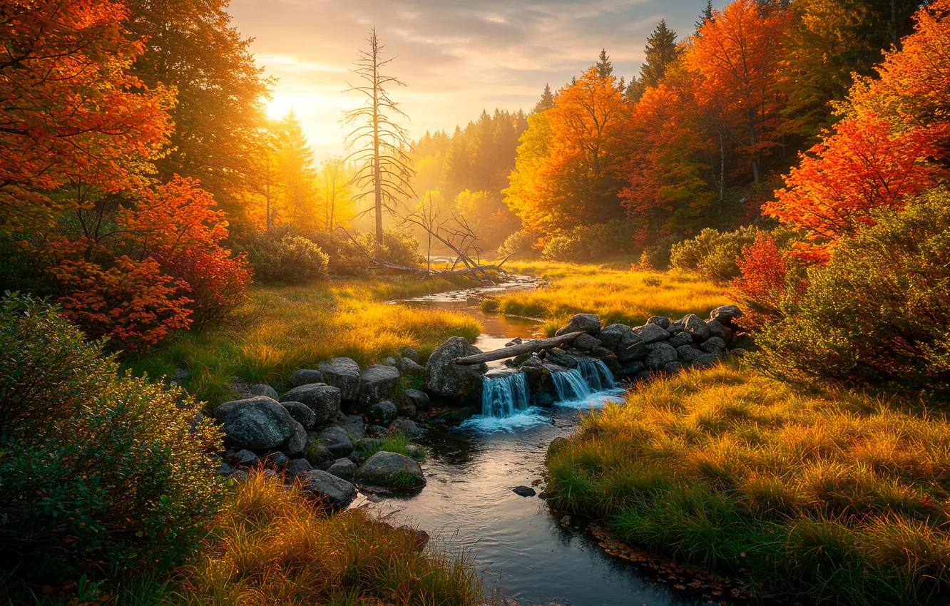 Photo wallpaper sun, trees, Wallpaper, autumn, grass, stream, trees, stream