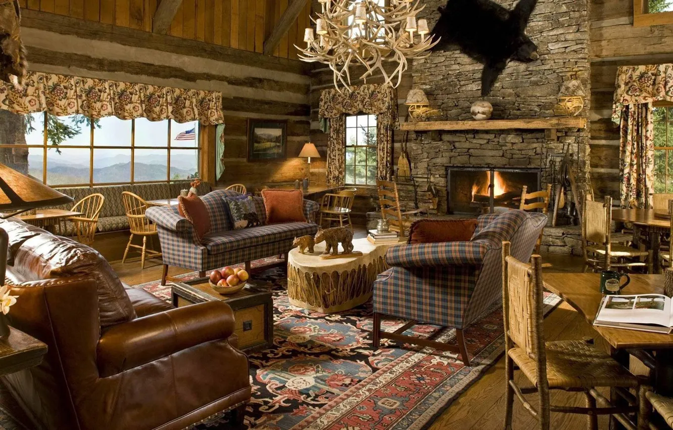 Photo wallpaper design, interior, fireplace, living room, by Layout Guidelines Interior Design, Rustic living room, Rustic country …
