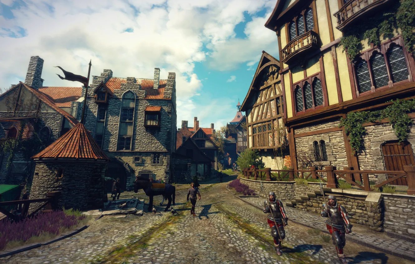 Photo wallpaper road, the city, soldiers, the witcher 3 wild hunt, Novigrad