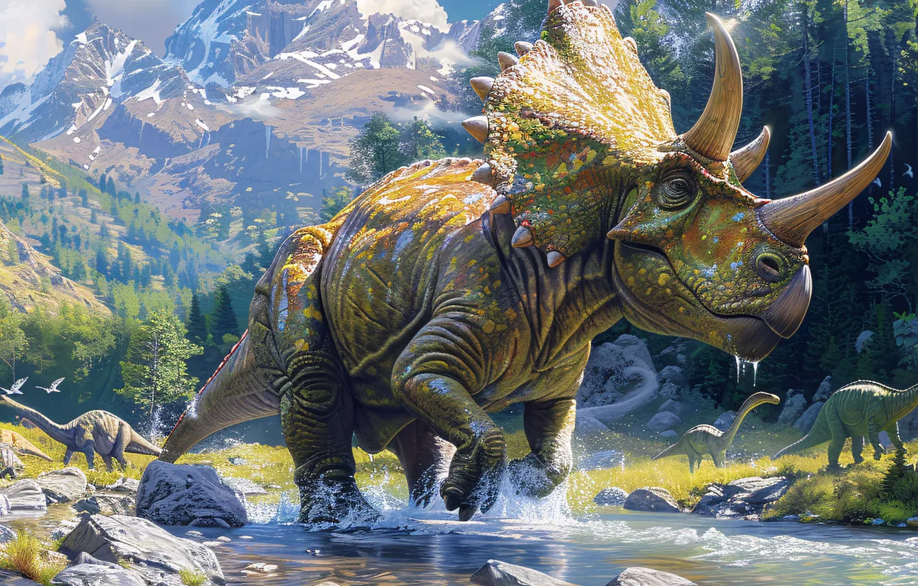 Photo wallpaper water, trees, mountains, stones, animal, dinosaur, horns, river