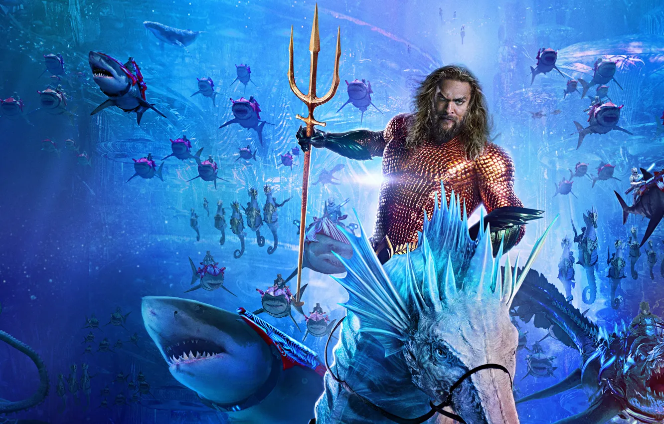 Photo wallpaper shark, fantasy, Trident, USA, underwater world, adventure, action, Jason Momoa