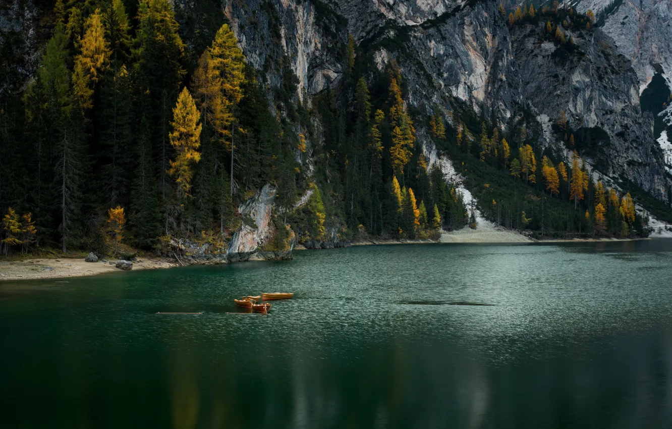 Photo wallpaper autumn, forest, trees, mountains, lake, river, rocks, shore