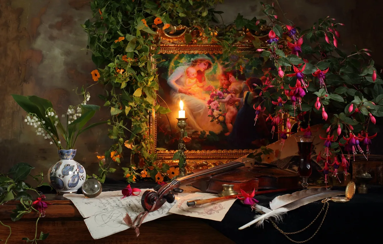 Photo wallpaper flowers, violin, glass, picture, candles, feathers, drink, lilies of the valley