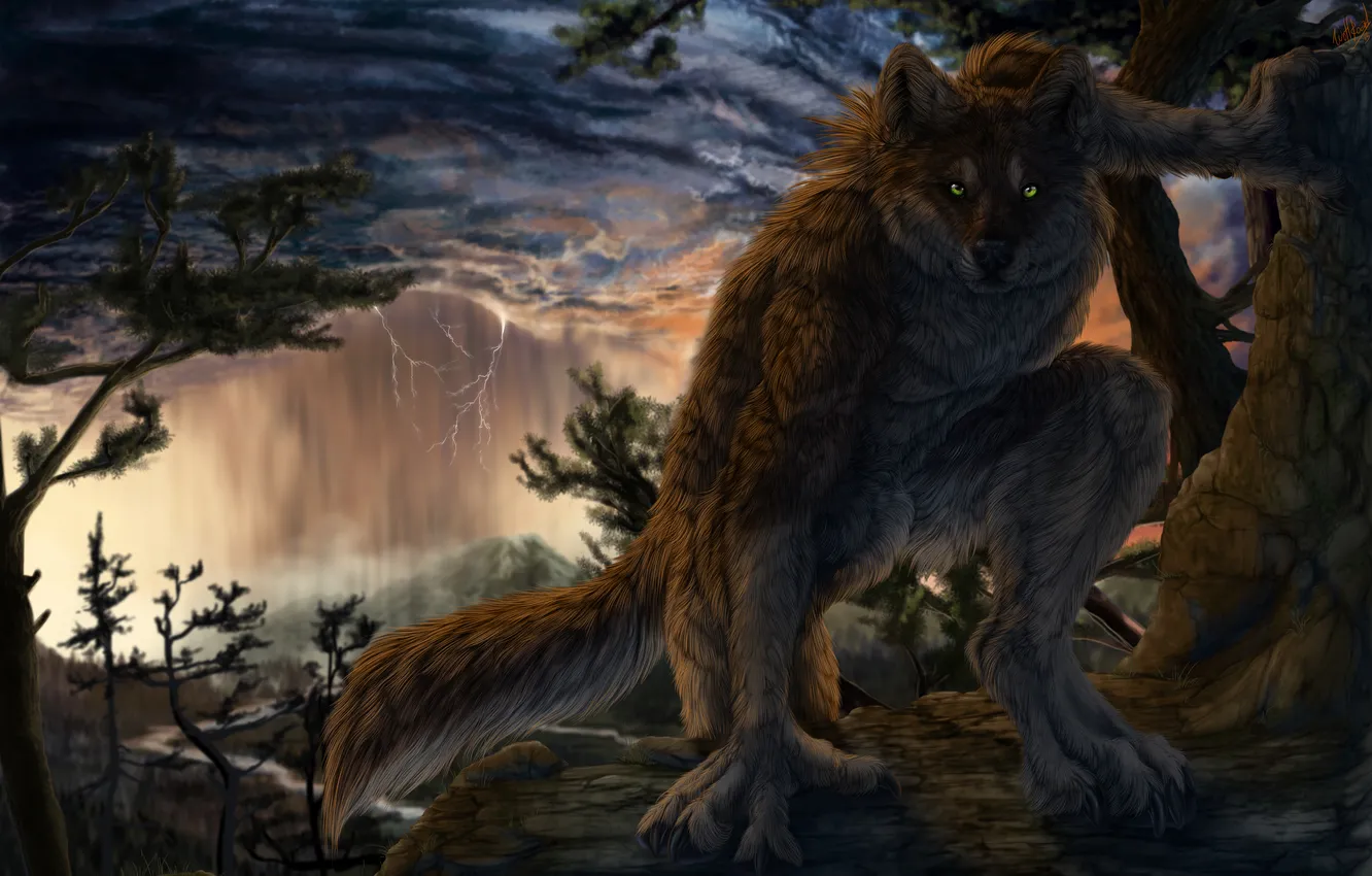 Photo wallpaper forest, clouds, rain, lightning, wolf, art, werewolf