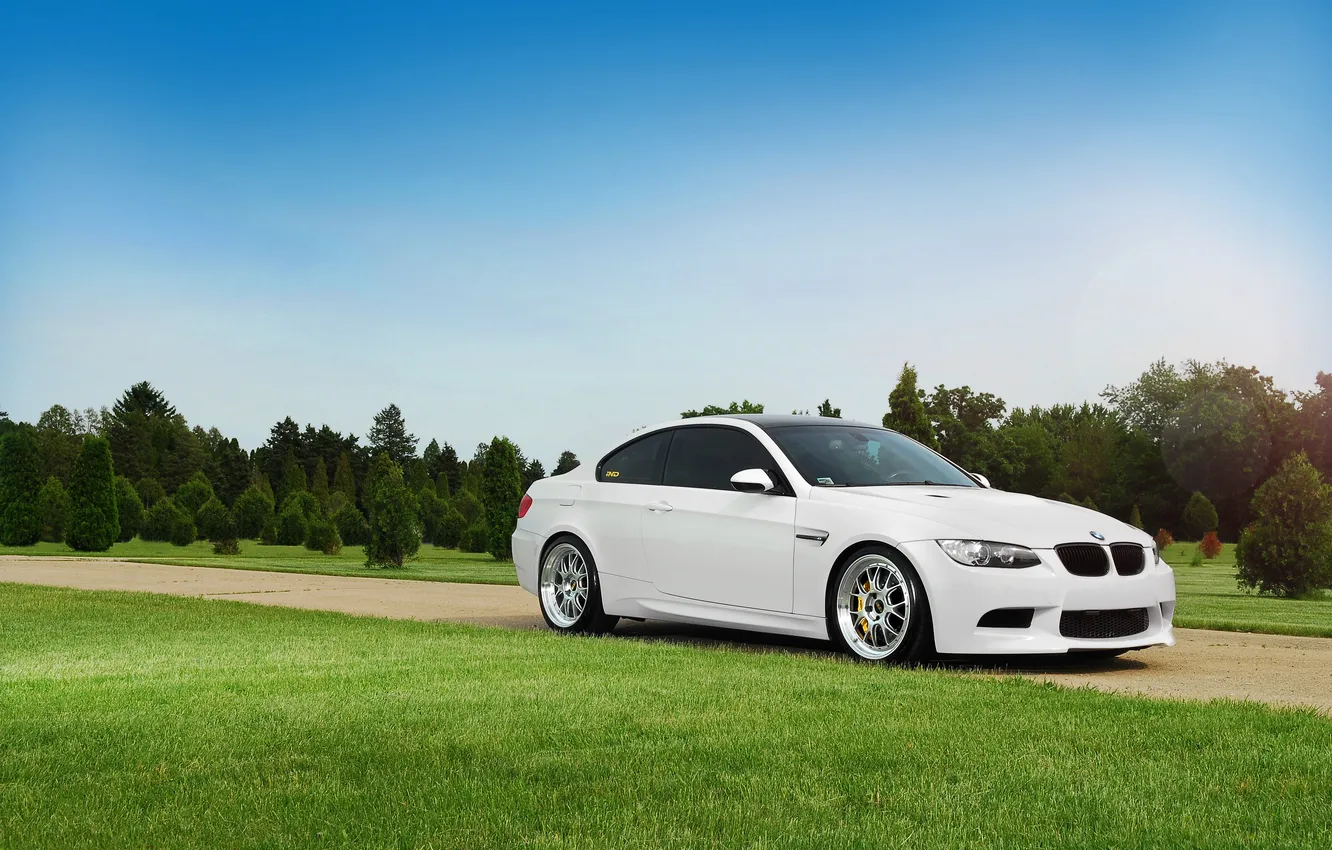 Photo wallpaper white, the sky, grass, glare, BMW, BMW, white, Front