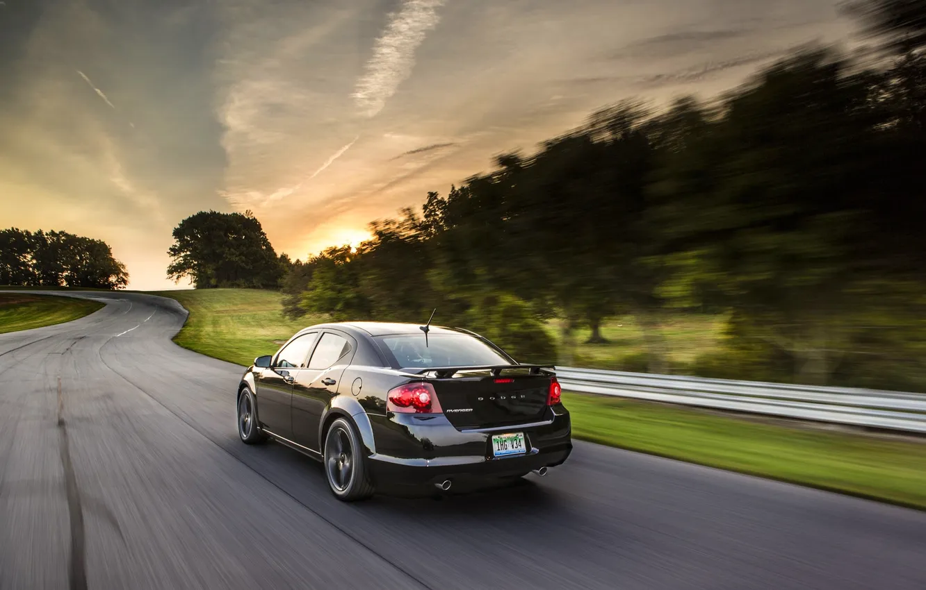 Photo wallpaper road, machine, sunset, black, Dodge, Dodge, in motion, Avenger