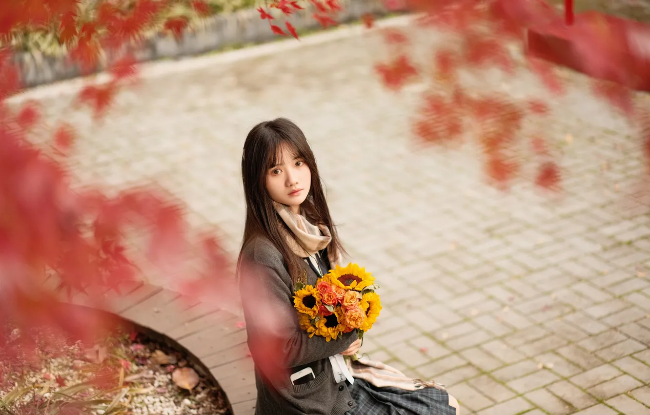 Photo wallpaper woman, flowers, beautiful, tree, model, pretty, asian, bouquet