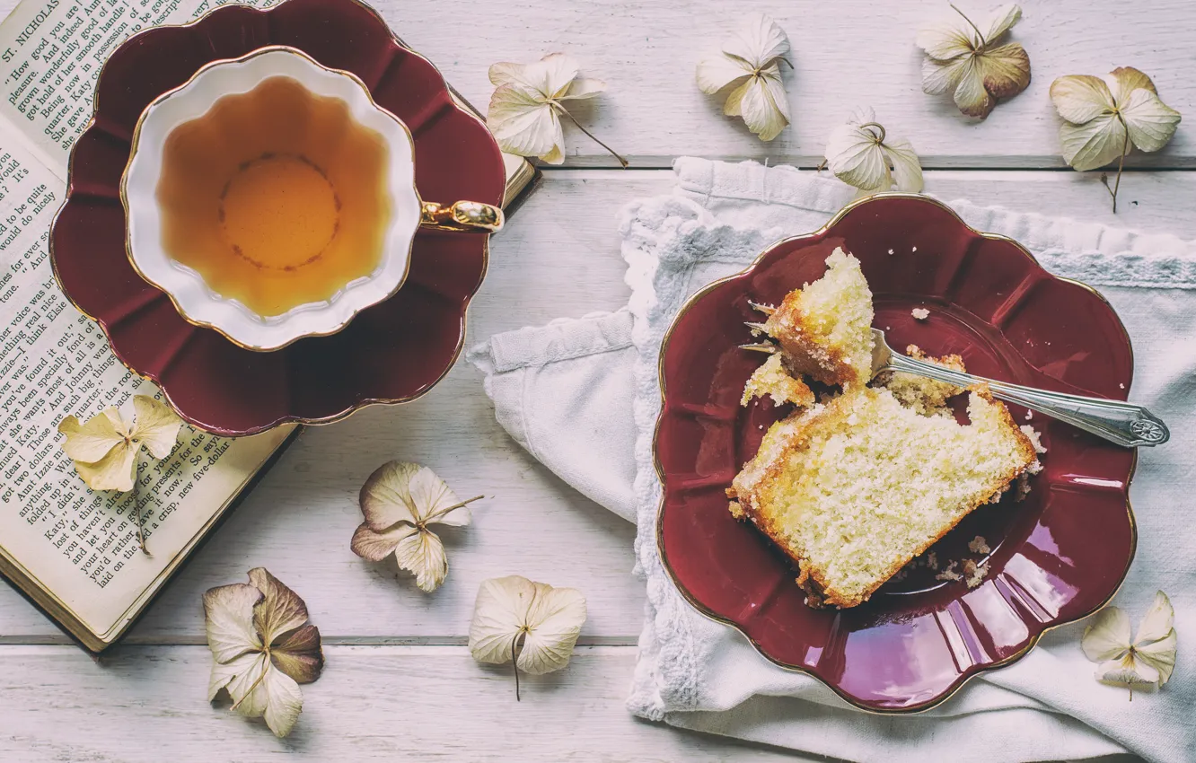 Photo wallpaper tea, pie, book