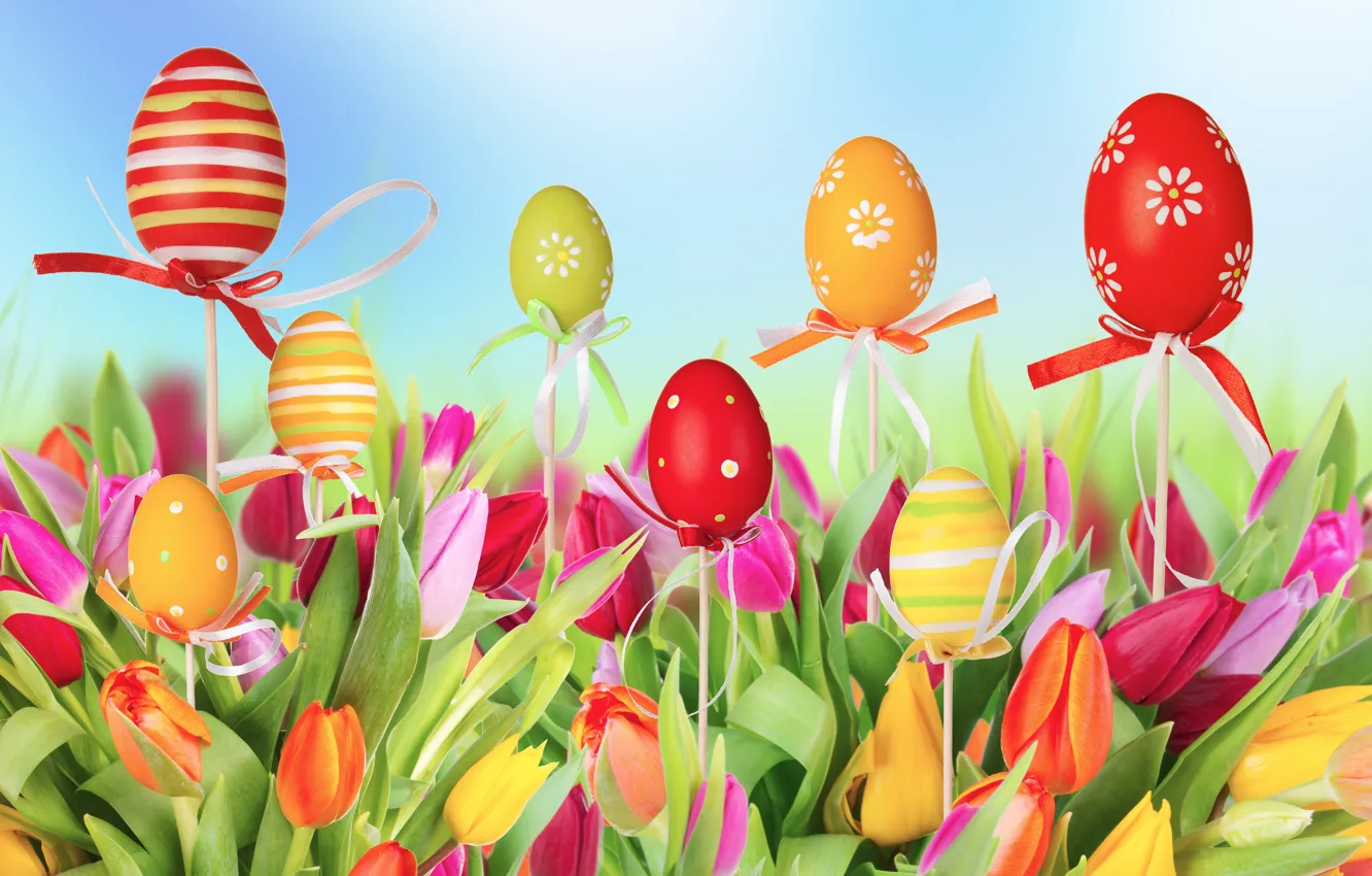Photo wallpaper flowers, eggs, Easter, tulips, Easter eggs