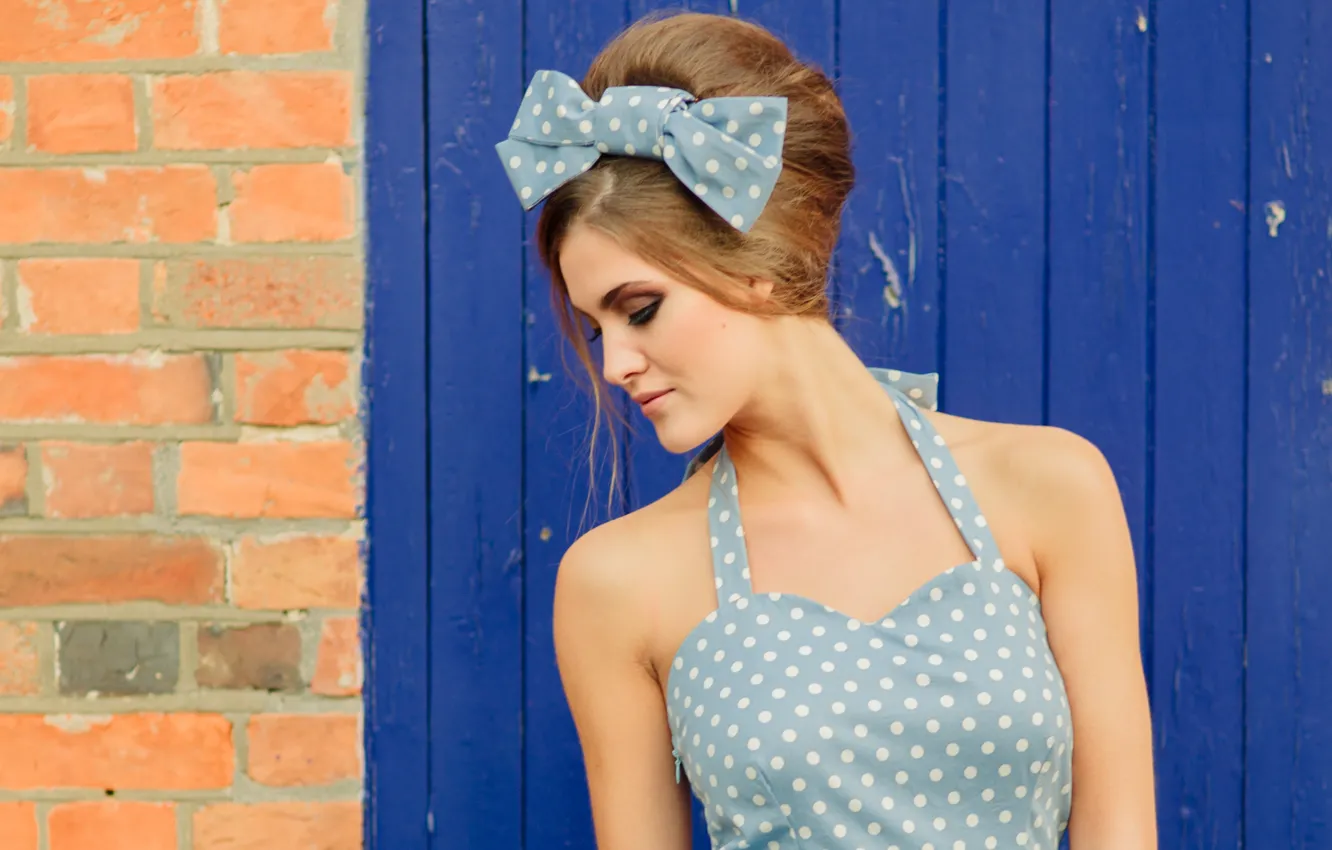 Photo wallpaper girl, hairstyle, bow, retro style, sundress