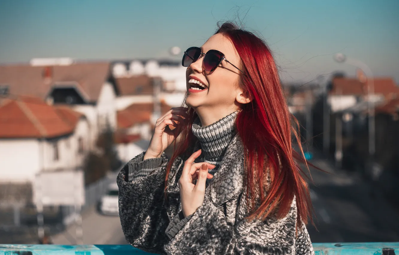 Photo wallpaper girl, bridge, face, pose, laughter, hands, glasses, red