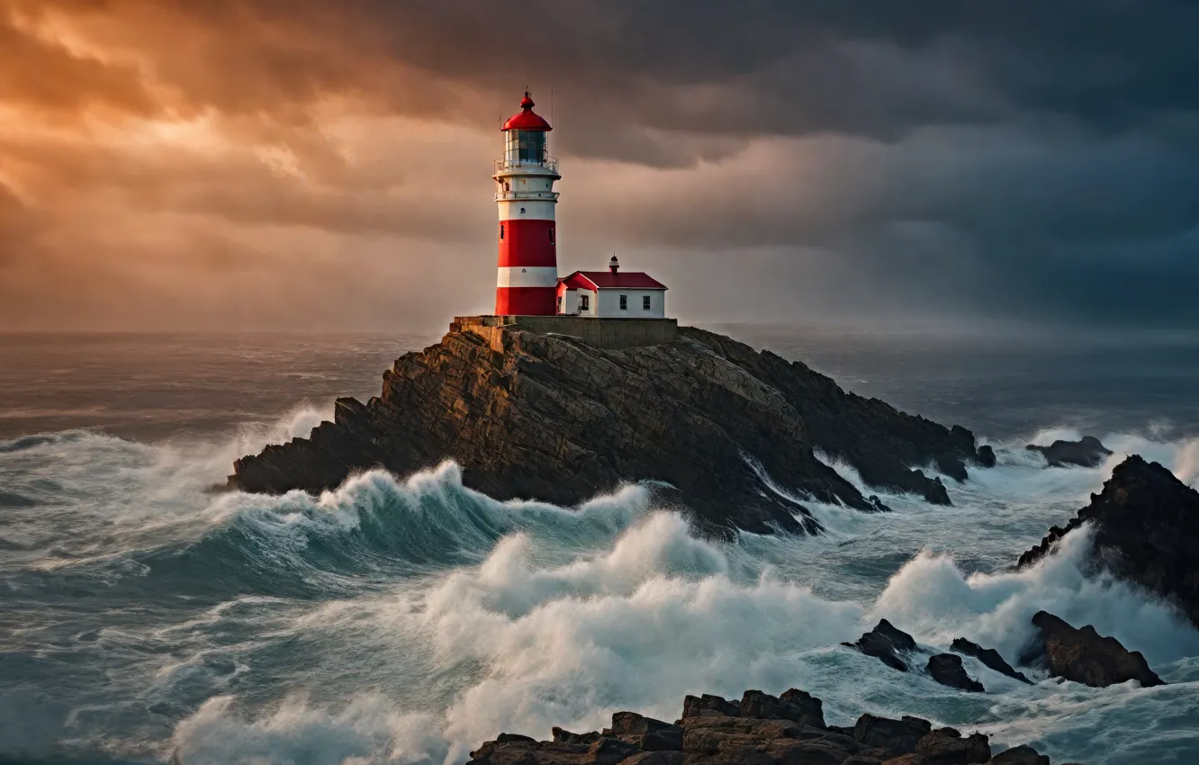 Photo wallpaper sea, wave, AI art, lighthouse, shore, neural network