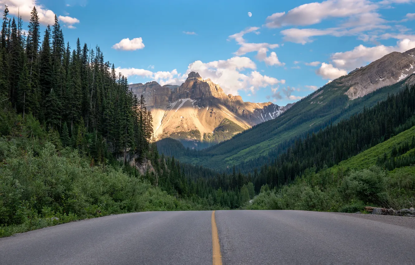 Photo wallpaper road, forest, clouds, mountains, highway