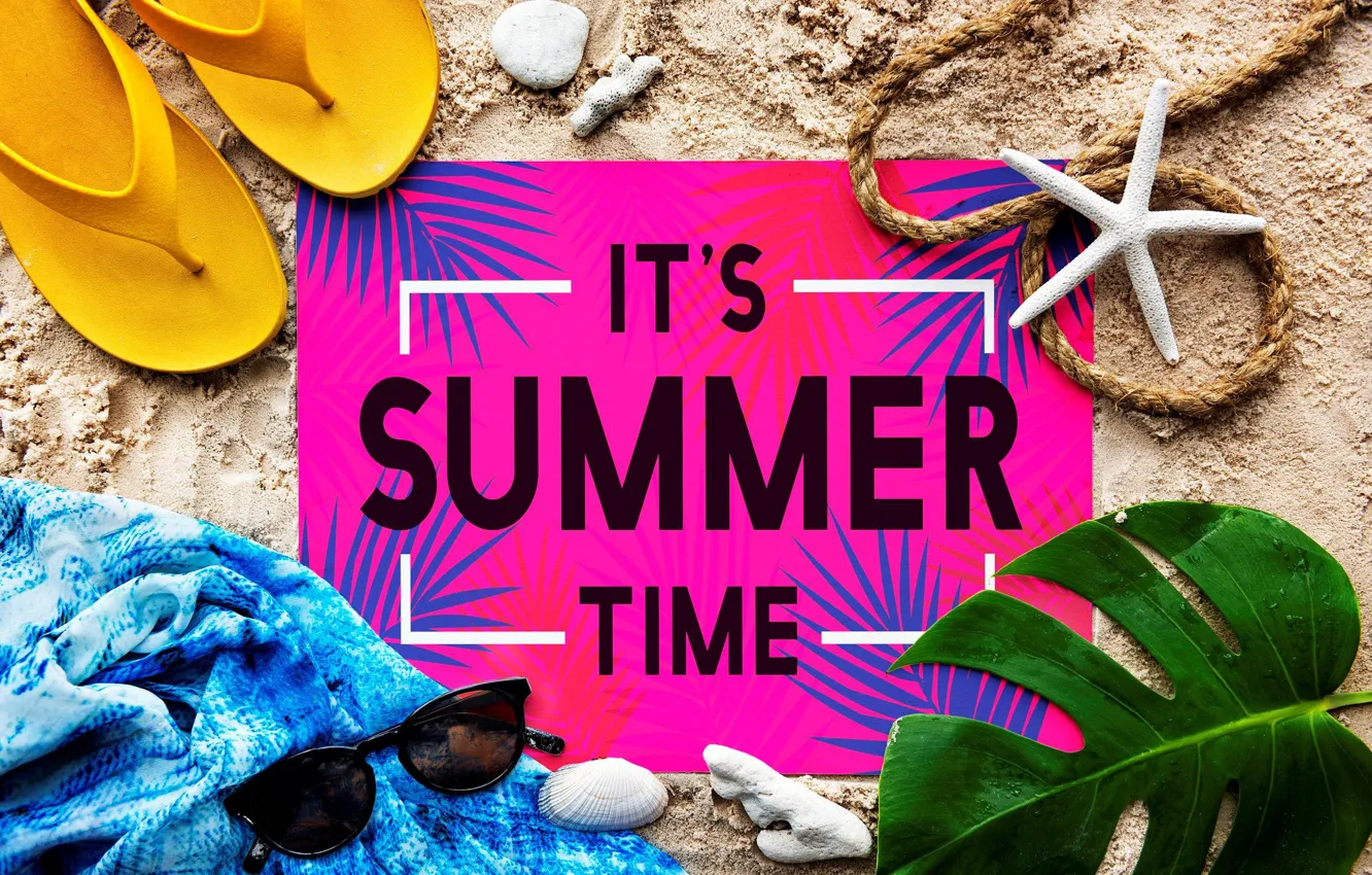 Photo wallpaper sand, summer, the inscription, glasses, shell, slates