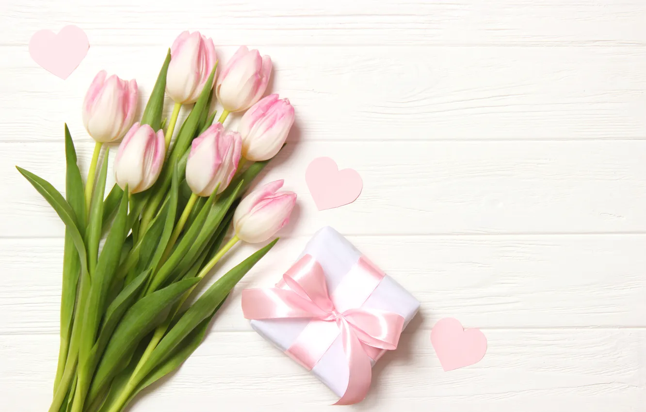 Photo wallpaper love, flowers, gift, romance, bouquet, tulips, love, pink
