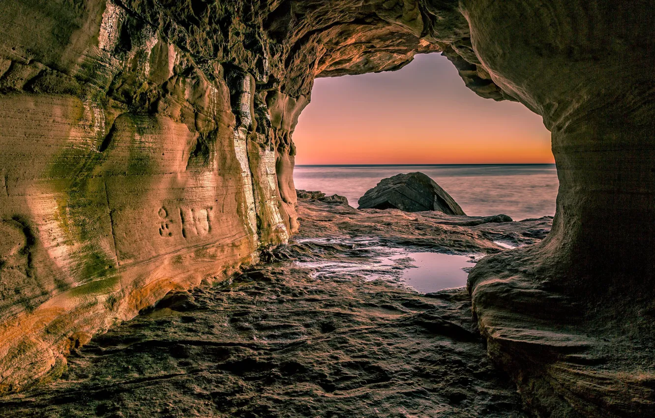 Photo wallpaper sea, photo, rocks, cave