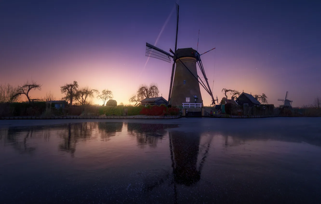 Photo wallpaper winter, the sky, stars, river, the evening, channel, Netherlands, windmills