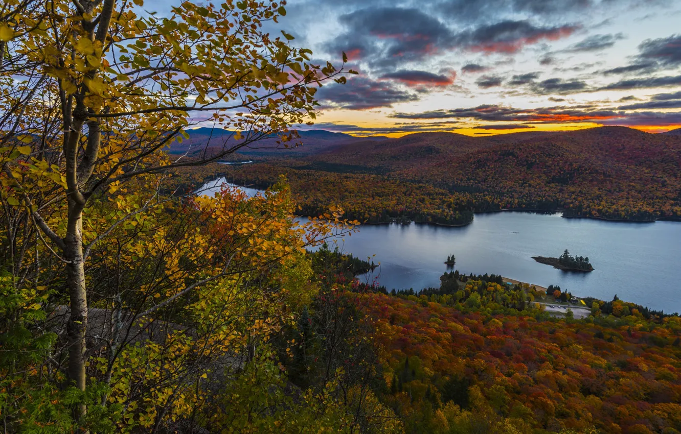 Photo wallpaper autumn, the sky, clouds, mountains, branches, river, hills, shore