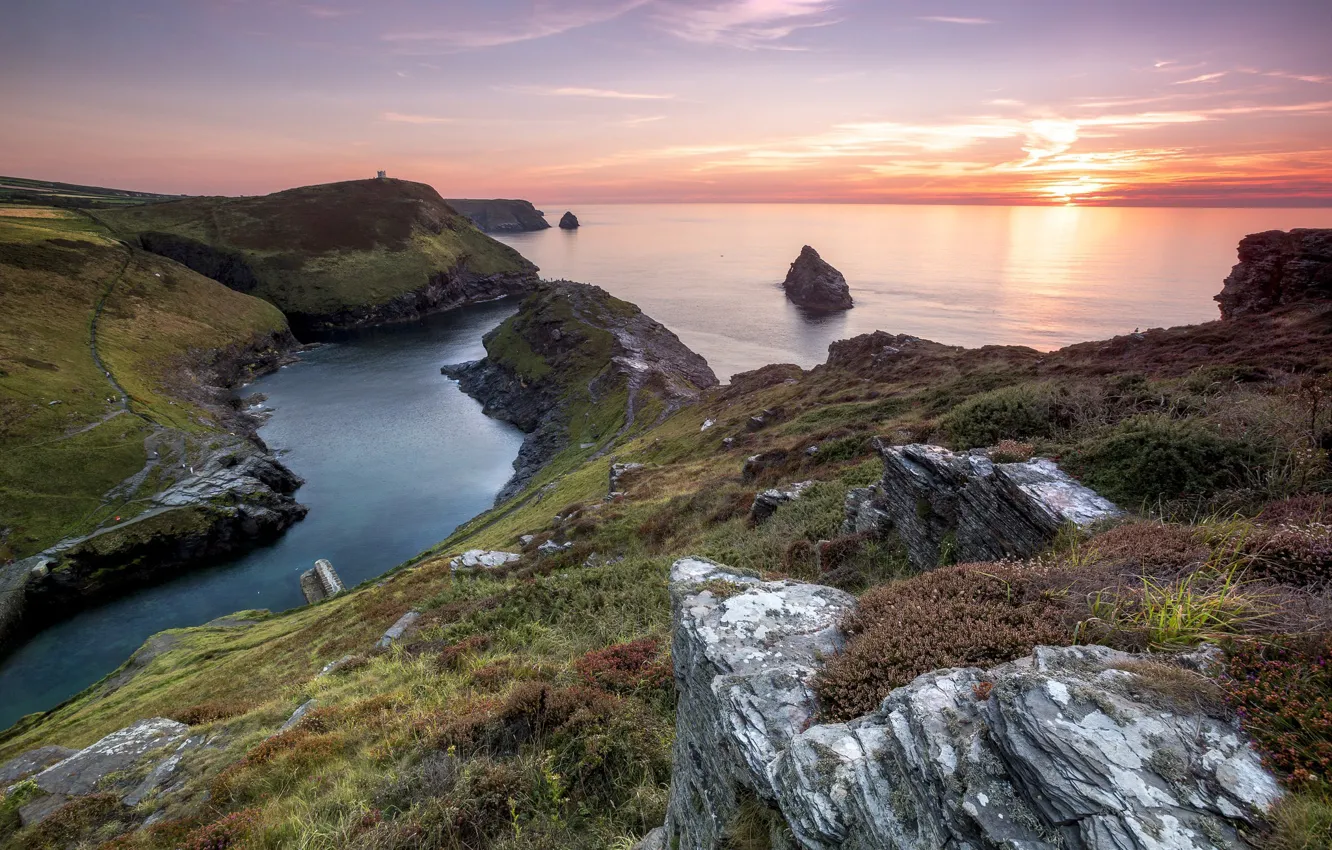 Photo wallpaper sunset, coast, England, Cornwall