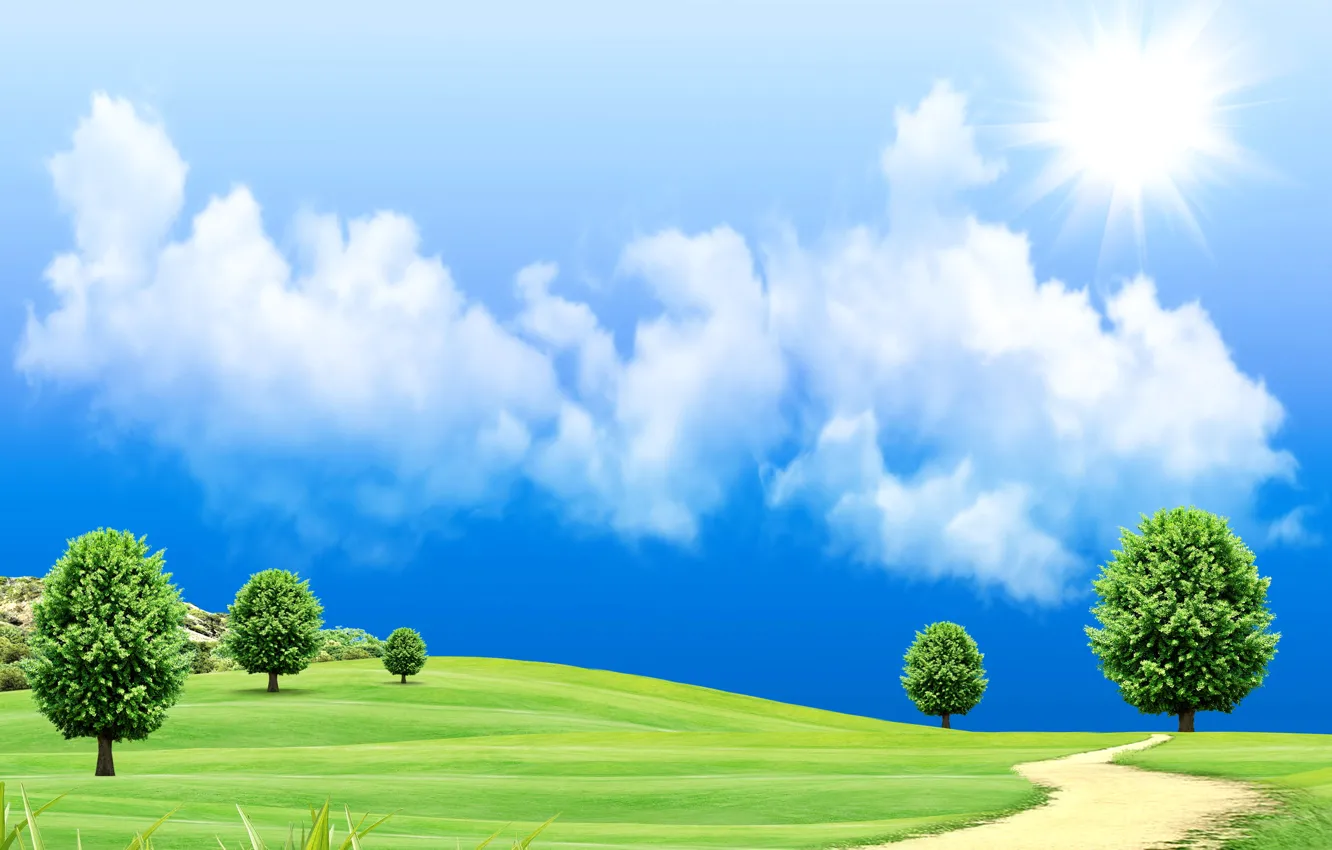 Photo wallpaper road, field, the sky, grass, the sun, clouds, trees