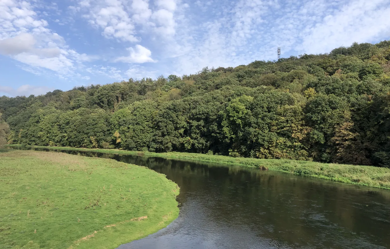 Photo wallpaper autumn, forest, the sky, grass, river