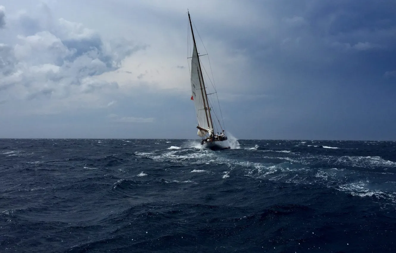Photo wallpaper sea, wave, the sky, clouds, storm, yacht, sail, bad weather