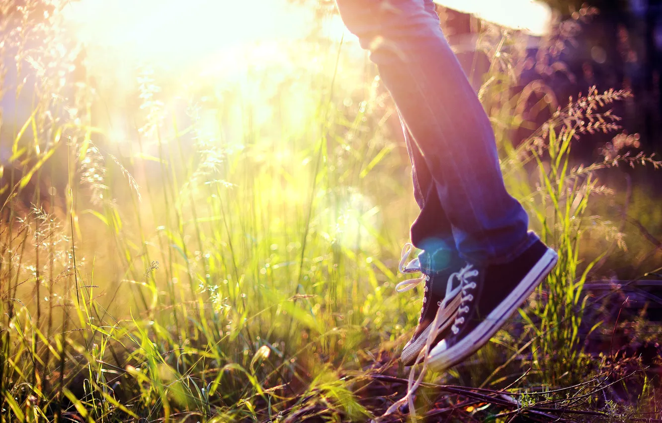 Photo wallpaper summer, grass, jump, sneakers, jeans