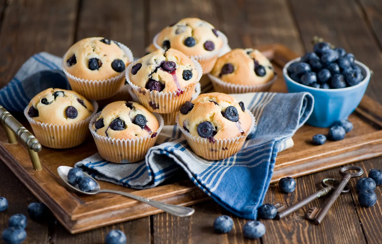Photo wallpaper berries, food, key, blueberries, spoon, dessert, cakes, sweet