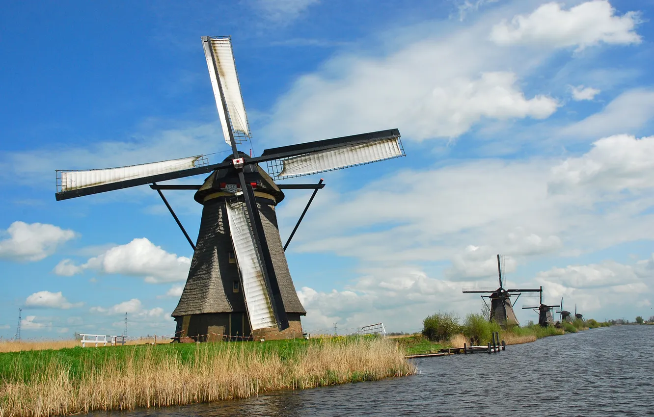 Photo wallpaper field, the sky, grass, clouds, village, mill, channel, Netherlands