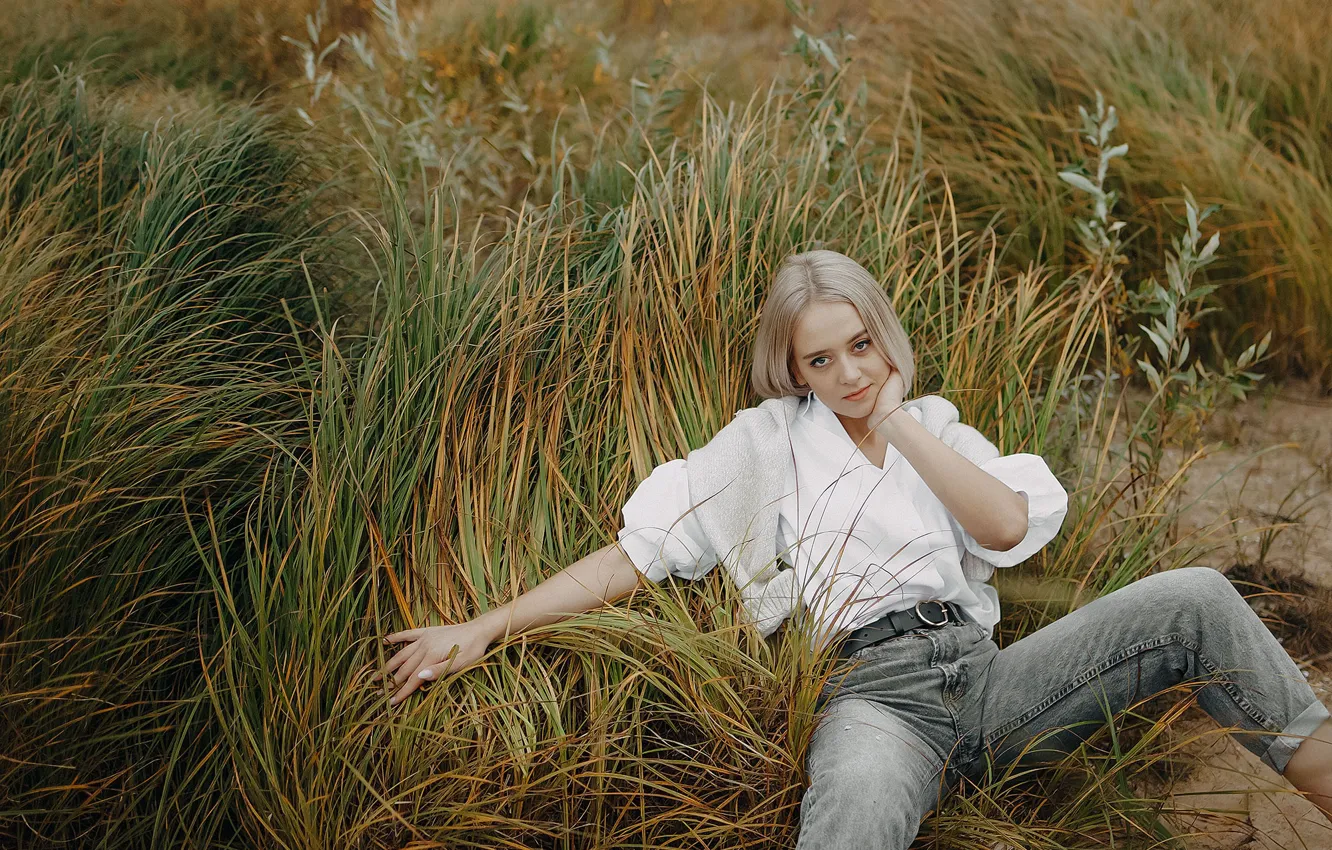 Photo wallpaper grass, look, girl, nature, pose, jeans, blonde, blouse