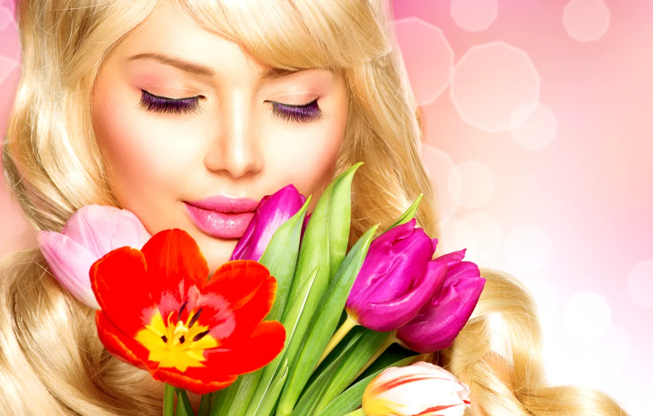 Photo wallpaper girl, eyelashes, model, blonde, spring. flowers