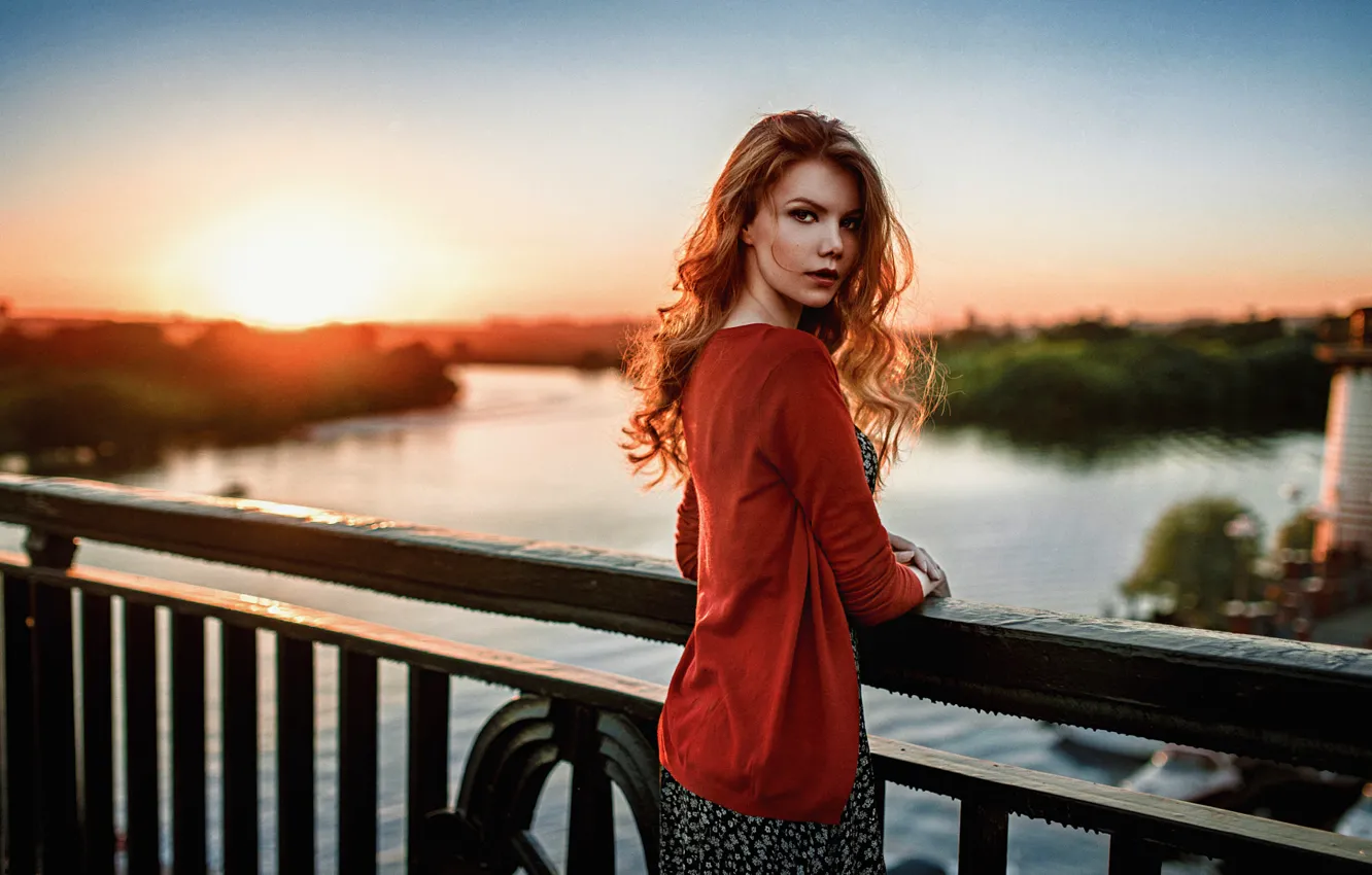 Photo wallpaper Sunset, The sun, Girl, Bridge, Look, River, Russian, Beautiful