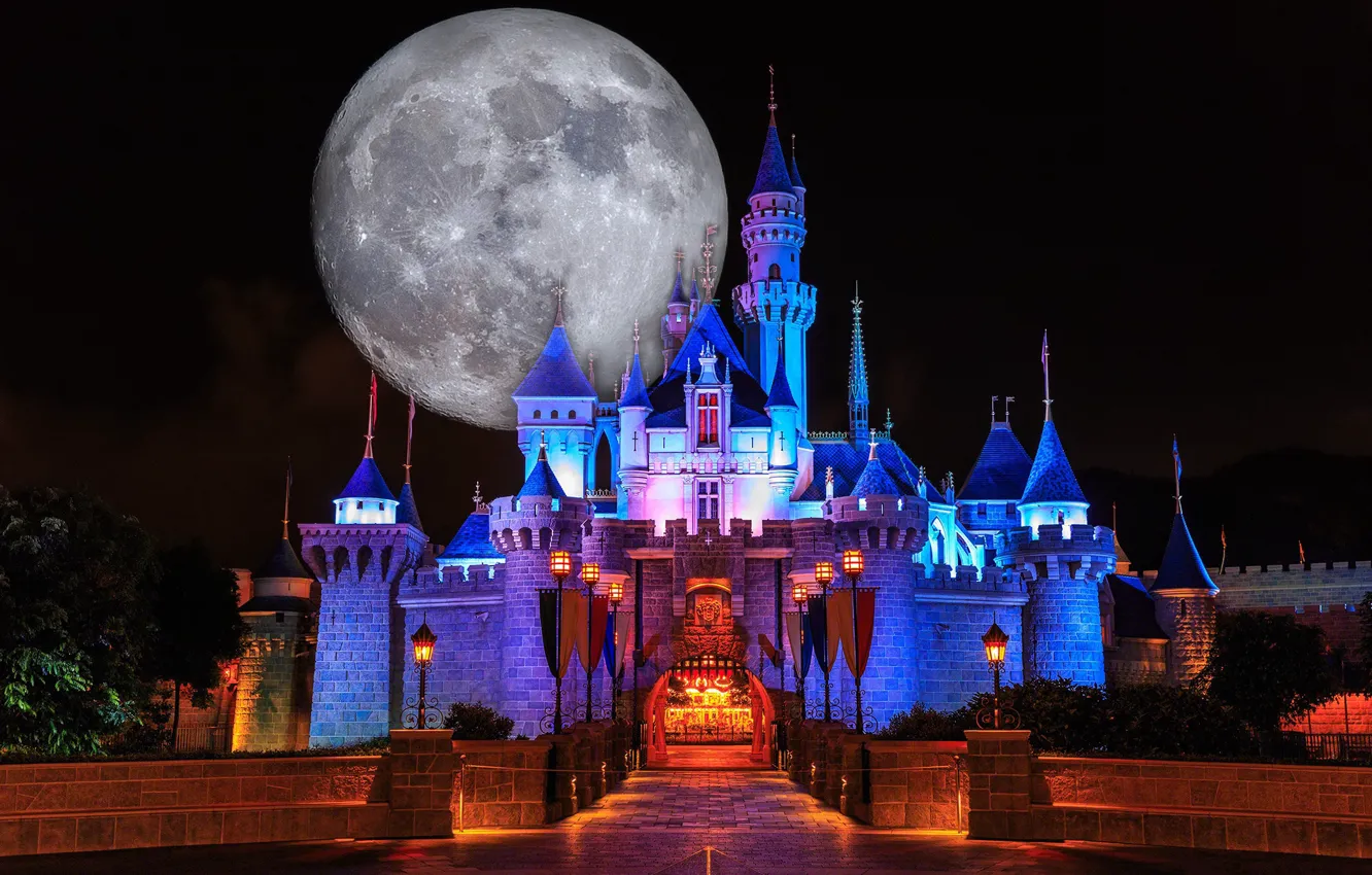 Photo wallpaper night, castle, the moon, Disneyland