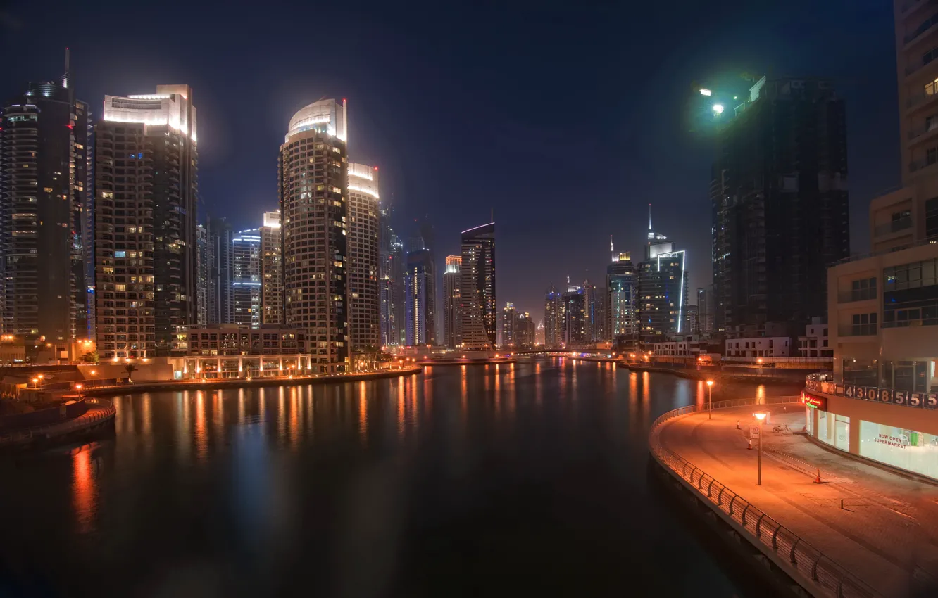 Photo wallpaper night, the city, coast, home, skyscrapers, Dubai, Arab Emirates