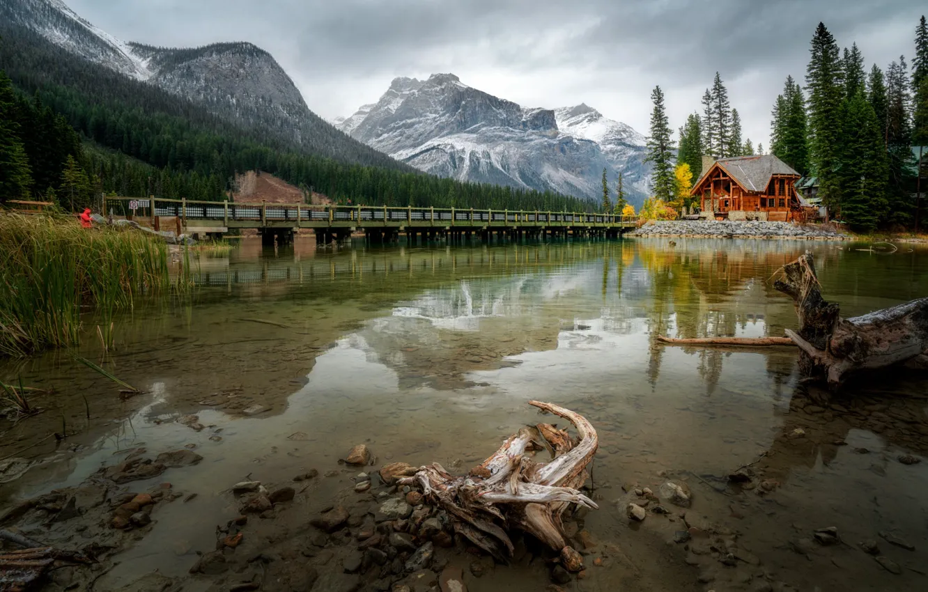 Photo wallpaper forest, mountains, bridge, lake, shore, house