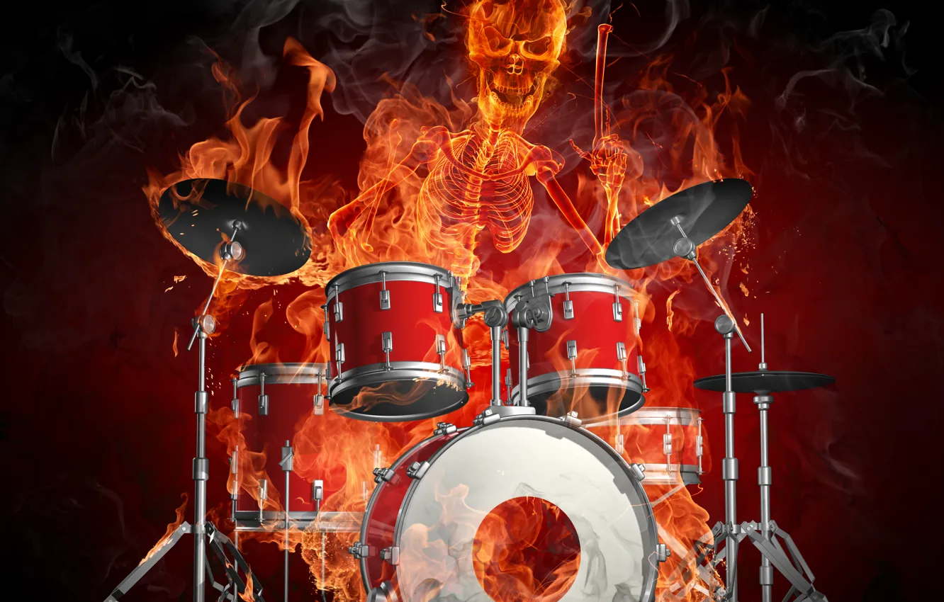 Photo wallpaper fire, skeleton, drums, Flames