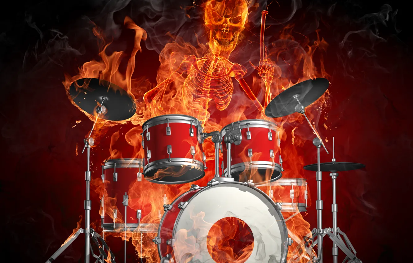 Photo wallpaper lights, skeleton, drum, flames