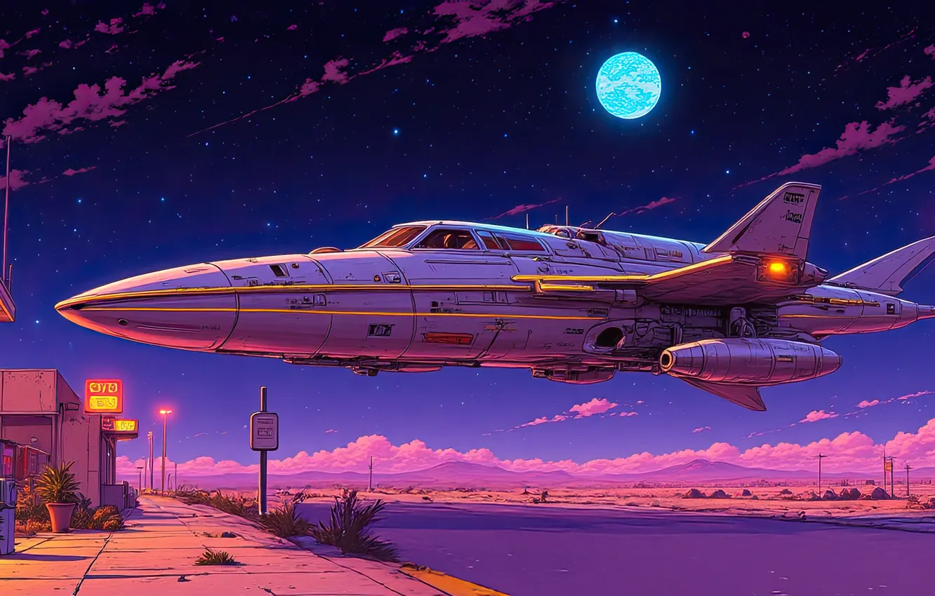 Photo wallpaper road, the moon, the evening, cafe, spaceship, starry sky, Motel, Generated on Moescape AI