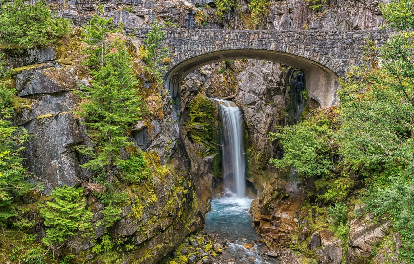 Photo wallpaper trees, mountains, bridge, river, rocks, waterfall, stream, Washington
