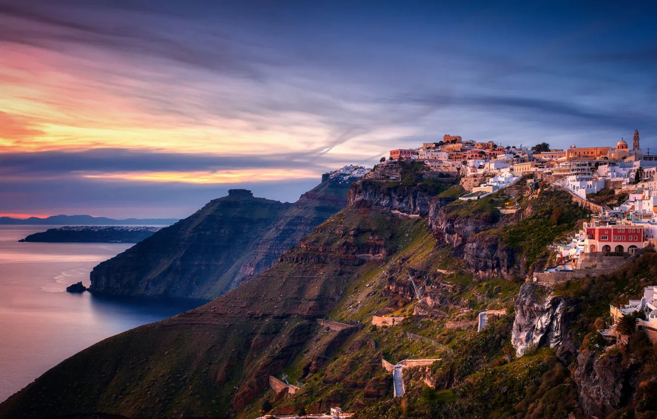 Photo wallpaper sunset, mountains, island, home, Santorini, Greece