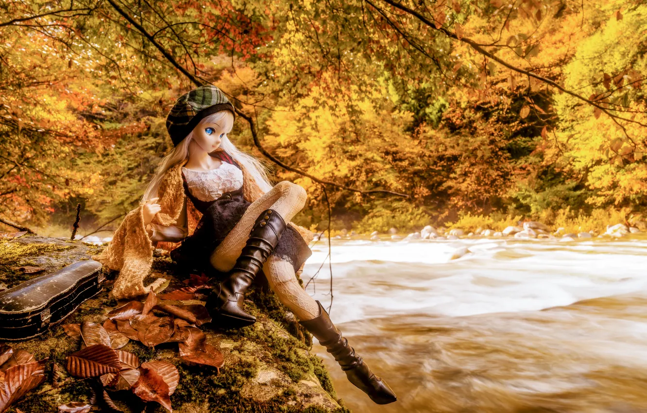 Photo wallpaper autumn, leaves, trees, river, violin, toy, doll