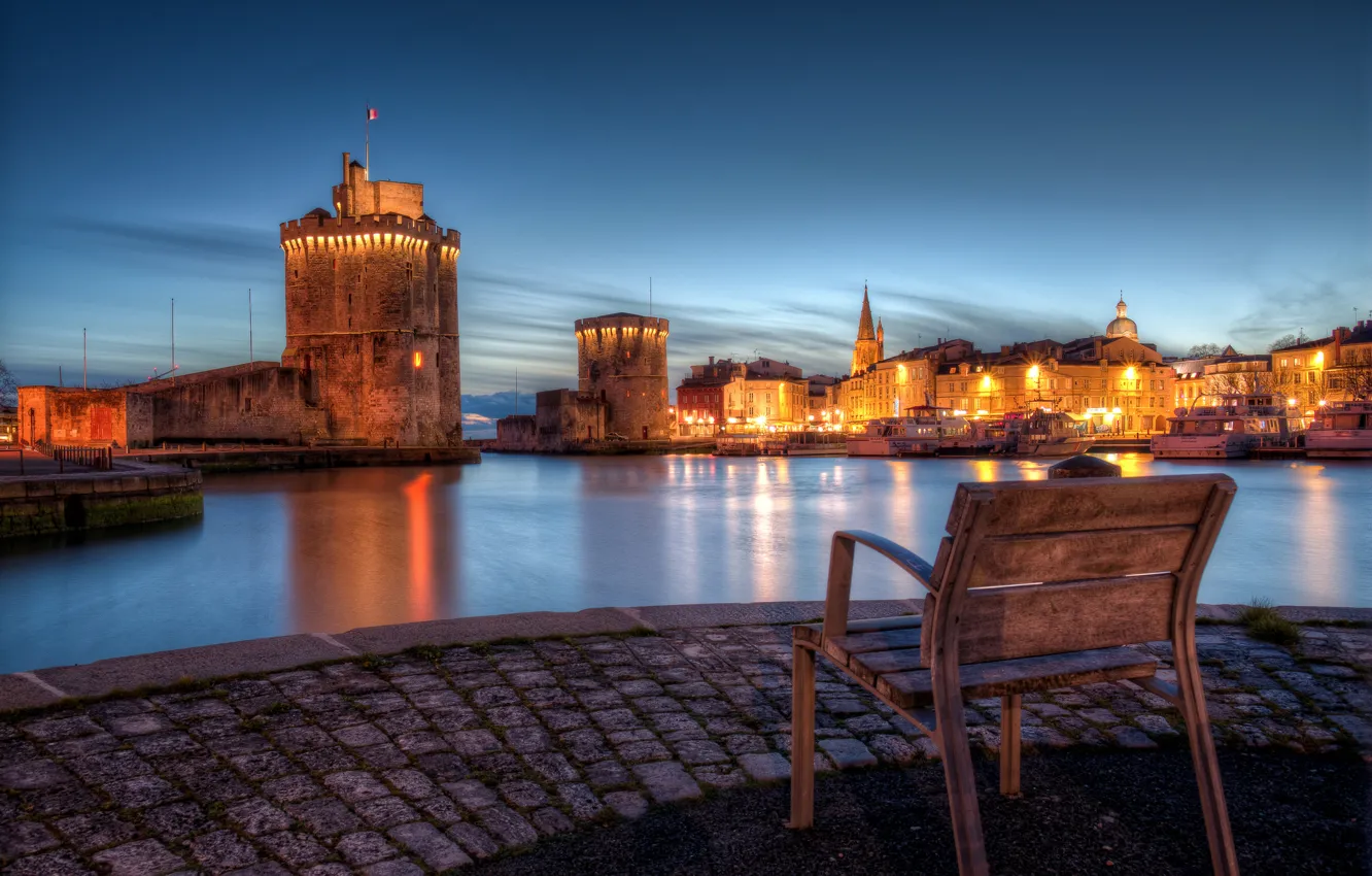 Photo wallpaper the city, lights, coast, France, the evening, pavers, chair, Bay