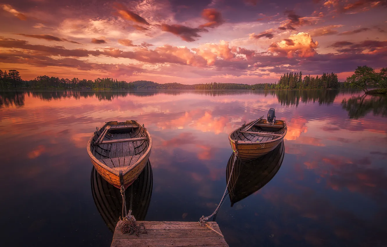 Photo wallpaper forest, the sky, sunset, lake, boats, pier, Norway, chain
