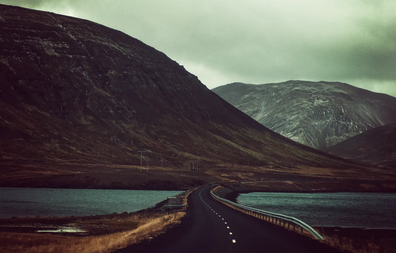 Photo wallpaper dark, road, autumn, mountains, hills, dull